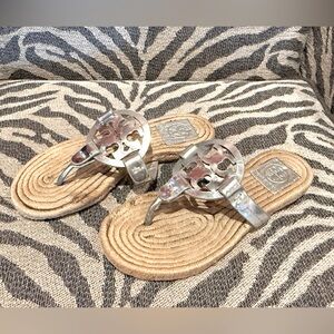 Tory Burch Silver Metallic Espadrille Sandals Size 5.5